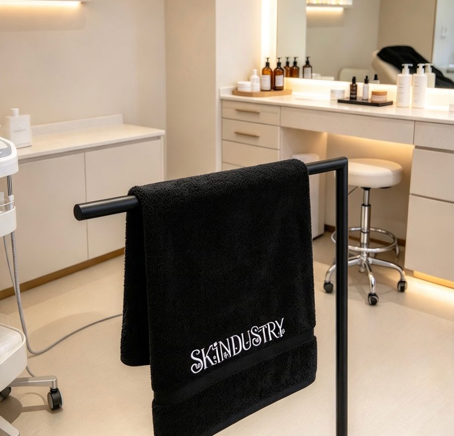 Black embroidered towel in a salon